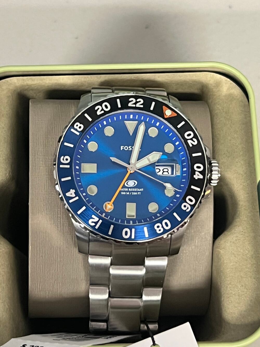 Fossil FS5991 GMT Men Watch 46mm Blue Dial Stainless Steel Dive Style Complete